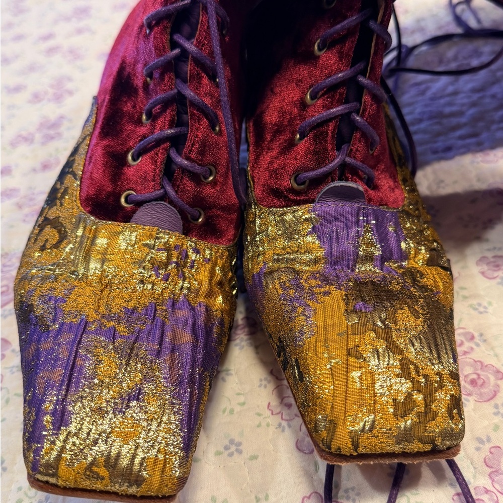 John Fluevog Burgundy Velvet Lace-Up Boots with Gold Brocade Toes